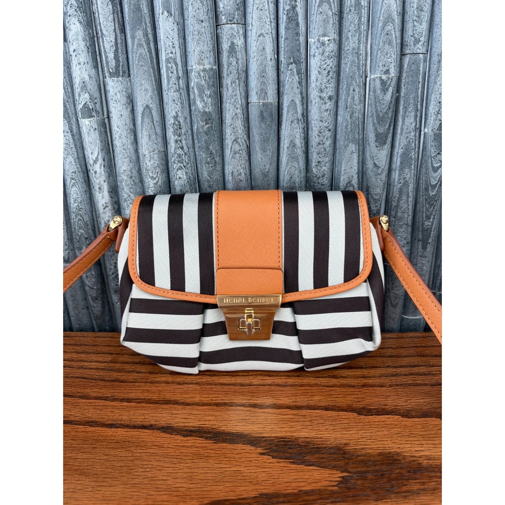 Henri Bendel Centennial Brown White Stripe Crossbody Tan Leather Gold Hardware